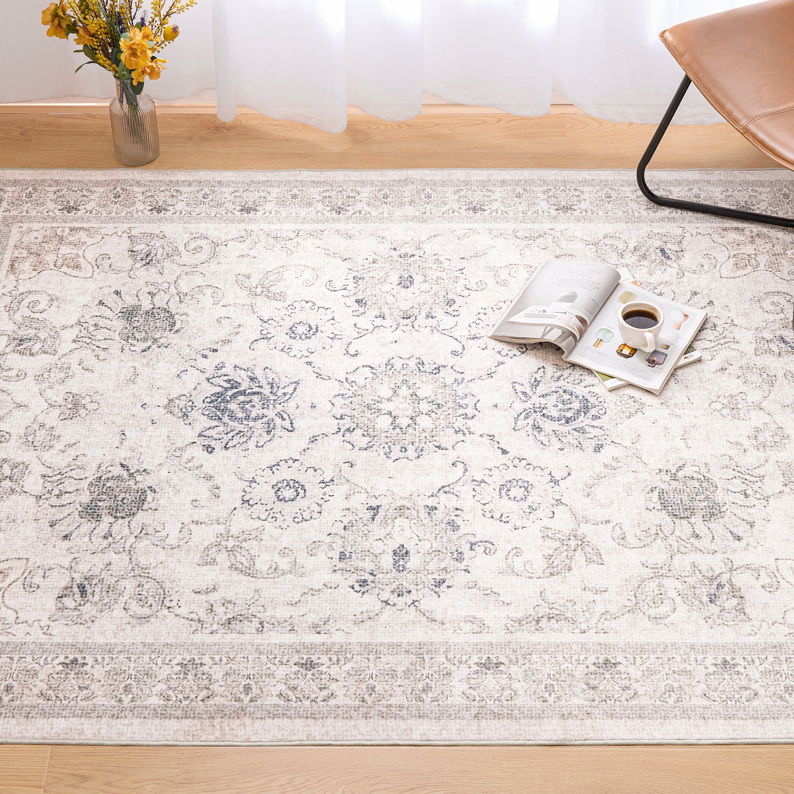 Phantoscope 8'x10' Washable Indoor Area Rug Classic Printed Carpet Non-Slip Thin Low-Pile Rug for Living Room Bedroom Office, Beige