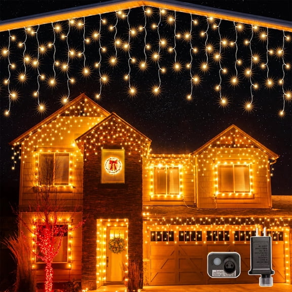 Soapow Icicle String Lights, 33 ft 400 LED Warm White Christmas Curtain Lights with 75 Drops, 8 Modes, IP44 Waterproof, Indoor Outdoor Decor
