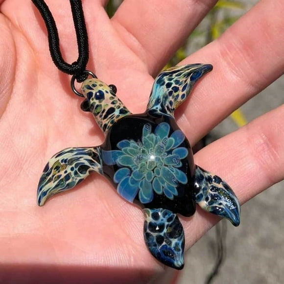 Uniquely Remarkable Handcrafted glass Hawaiian Honu Green Sea Turtle pendant necklace with green turquoise coral reef ocean tide pool inside (Handmade Nylon Necklace with Knotted Centerpiece)