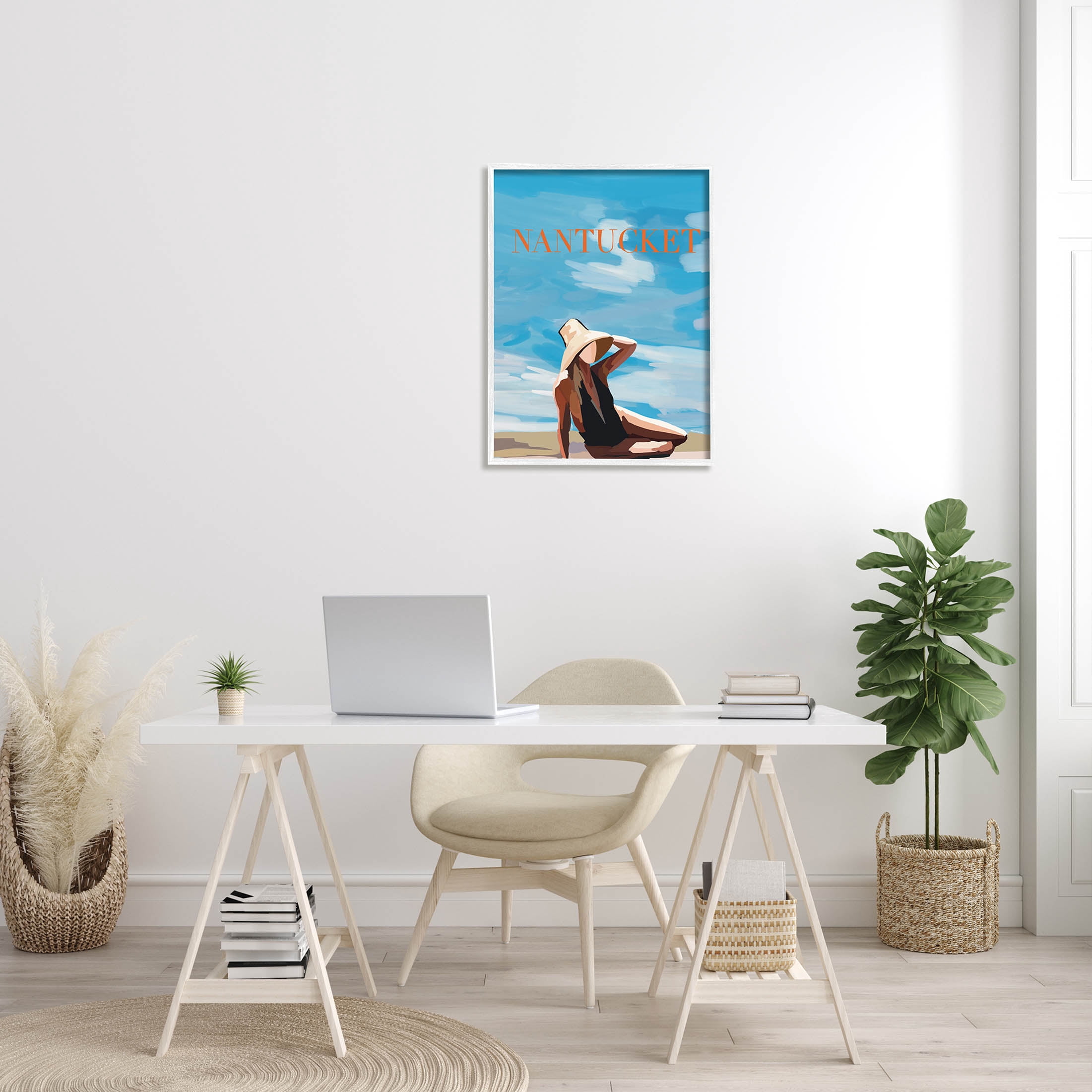 Stupell Industries Nantucket Summer Beach Girl Graphic Art White Framed Art Print Wall Art, Design by Amelia Noyes