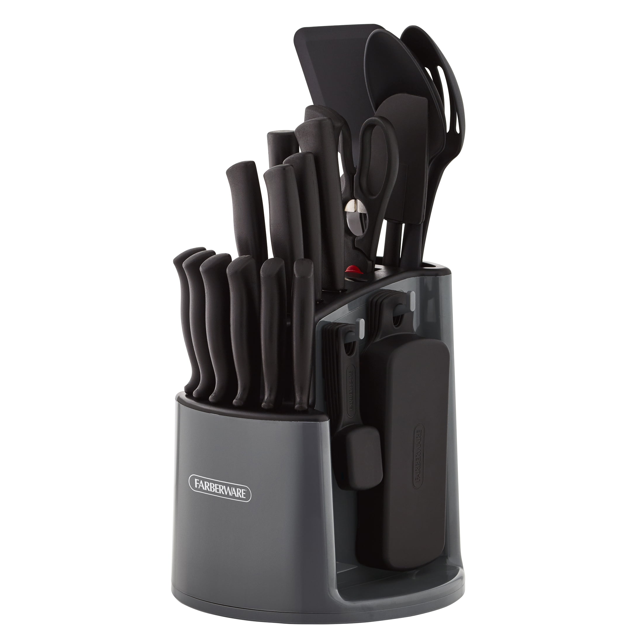 Farberware Classic 30-Piece Spin-N-Store Rotating Carousel Stainless Steel Knife Set & Tool Set Gray