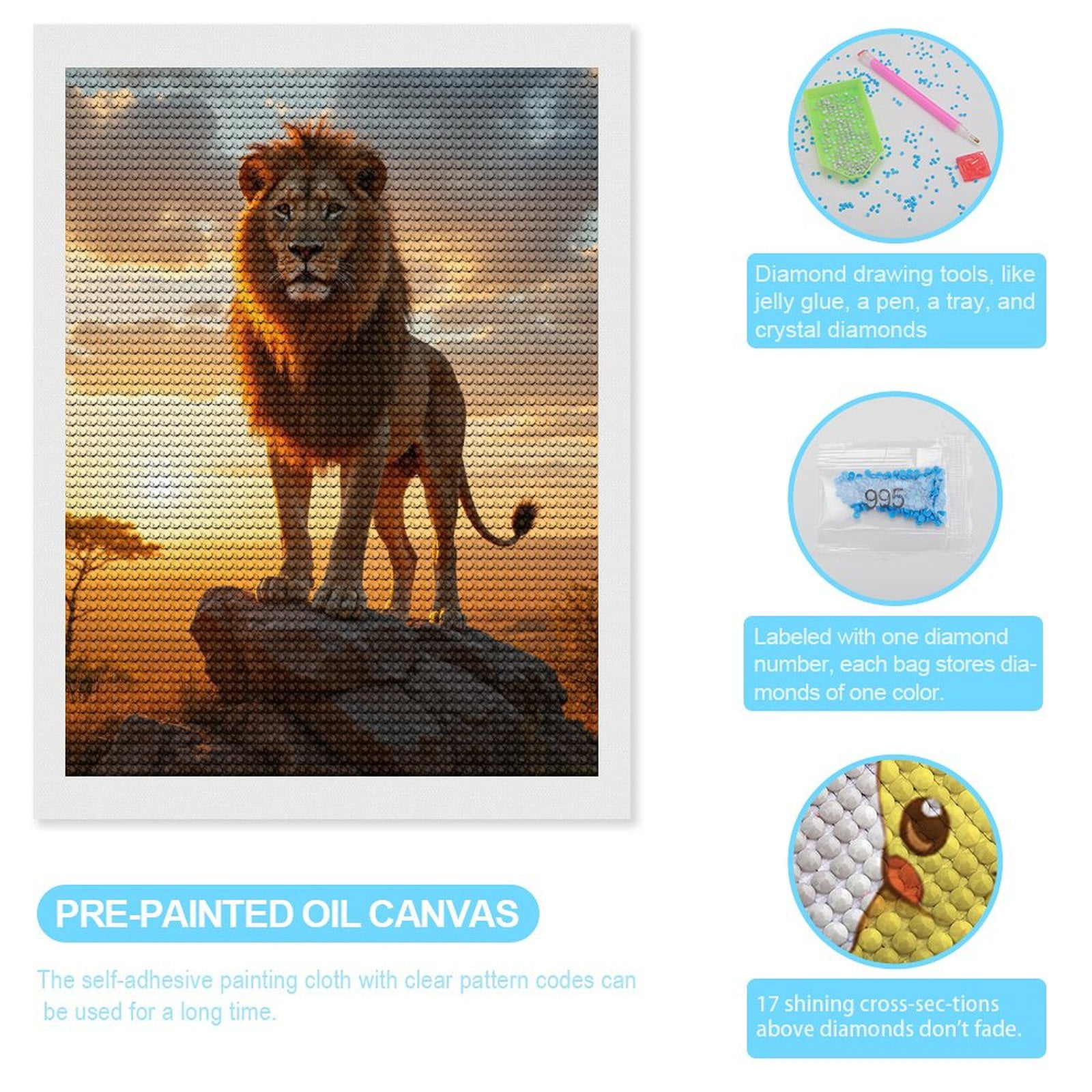 Diamond Art Kits for Adults, Lion Majestic Sunrise Rock Plains 5D Diamond Painting Kits for Adults Beginners, DIY Full Drill Diamond Painting, Gem Art and Crafts 12x16