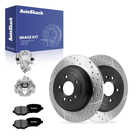 AutoShack Rear Solid Drilled & Slotted E-Coated Brake Rotors   Premium Ceramic Pads   Calipers 8-PC Brake Kit Replacement for 2010-2012 Ford Taurus ShadowGuard 12.99" (330 mm)
