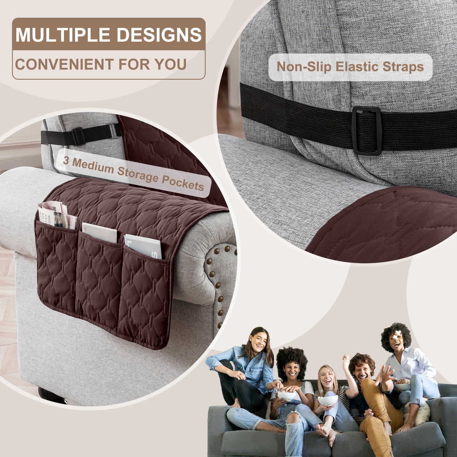 Sanmadrola Sofa Cover 100% Waterproof Couch Slipcovers Washable Non-Slip Furniture Protector with Pockets/Elastic Straps/Silicone Backing for Kids Pets Dogs, Brown, Sofa (Three-couch Sofa)