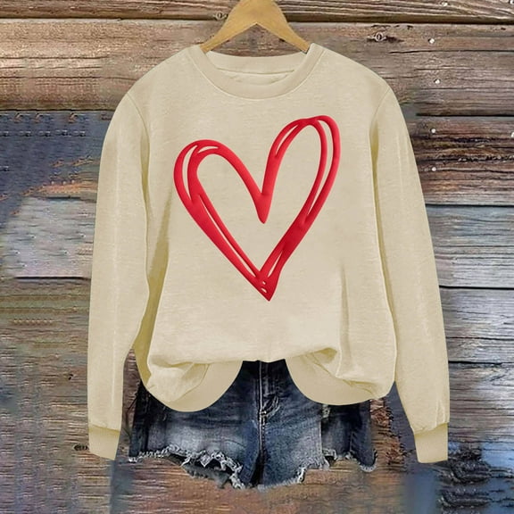 Fznquz Womens Sweatshirt Long Sleeve Crewneck Pullover Sweatshirt Valentines Love Heart Print Trendy Yellow Women Sweatshirt