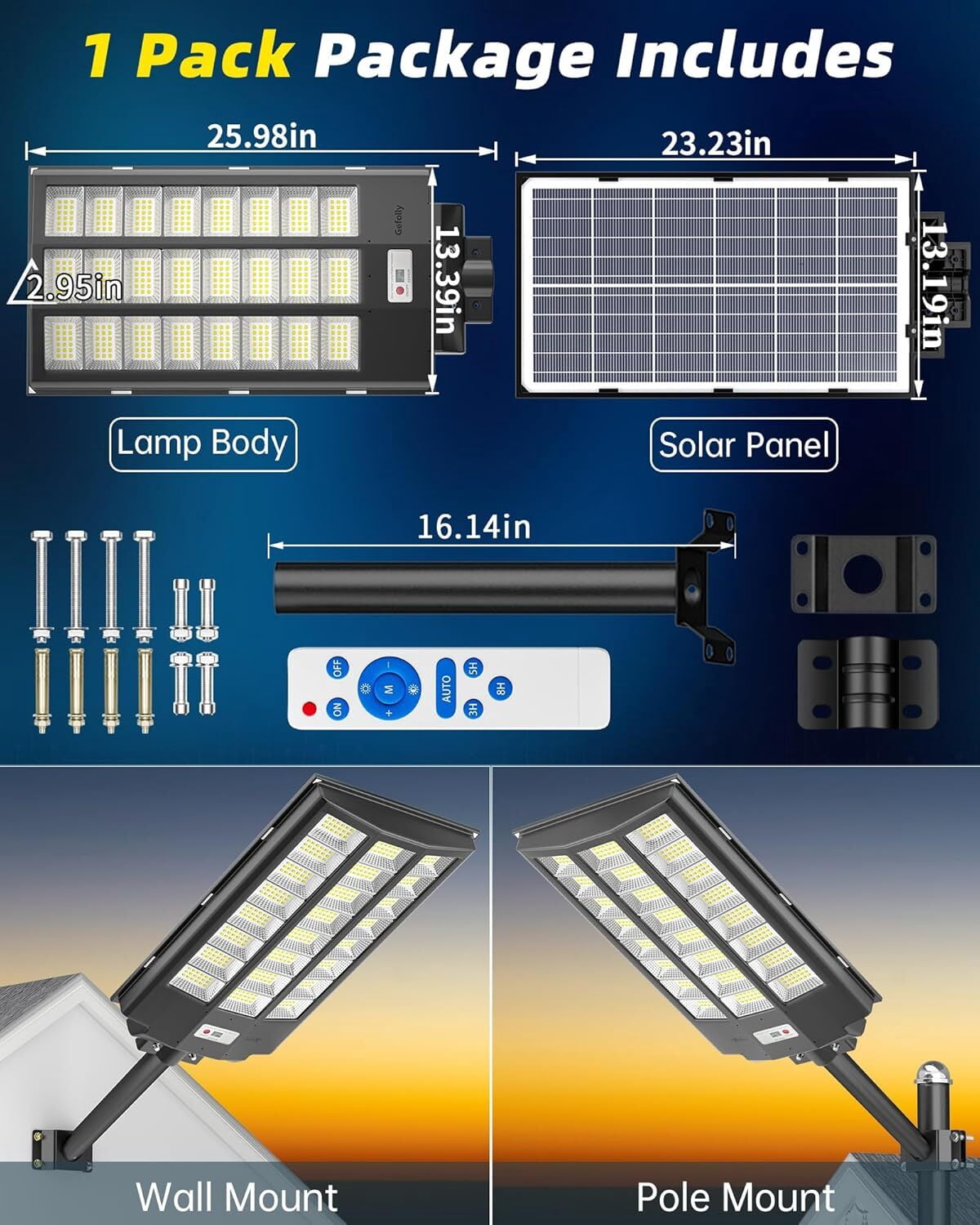 Gefolly Solar Street Light Outdoor, Wide Angle Commercial Parking Lot Light Dusk to Dawn 6500K Flood Security IP67 with Motion Sensor Lamp for Yard, Basketball Court