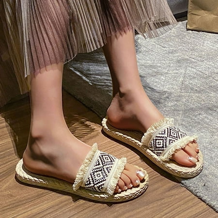 

XIAQUJ Summer Fashion Season Simple Flat Bottom Straw A Flip Flops Outside Wear Beach Casual Ladies Large Size Sandals Slippers Sandals for Women Black 7(38)