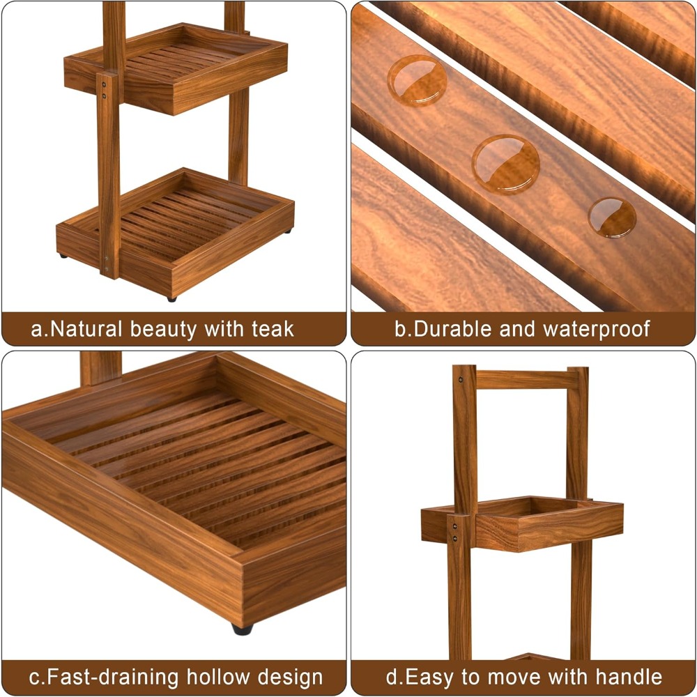 Teak Organizer for Bathroom Kitchen - Use as Shower Caddy Towel Holder Toilet Paper Storage Fruit Basket Spice Rack with Non-Slip Base