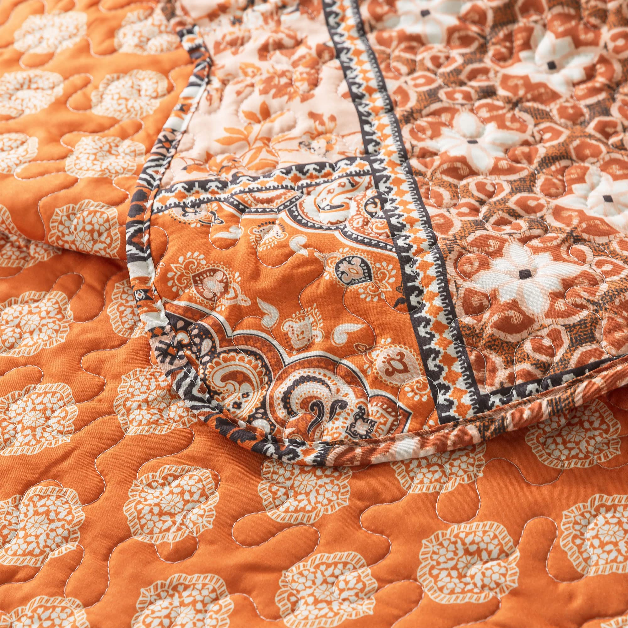 HoneiLife Quilts King Size - 3 Piece Microfiber Quilt set Reversible Bedspreads Patchwork Coverlets Floral Bedding Set All Season, Orange