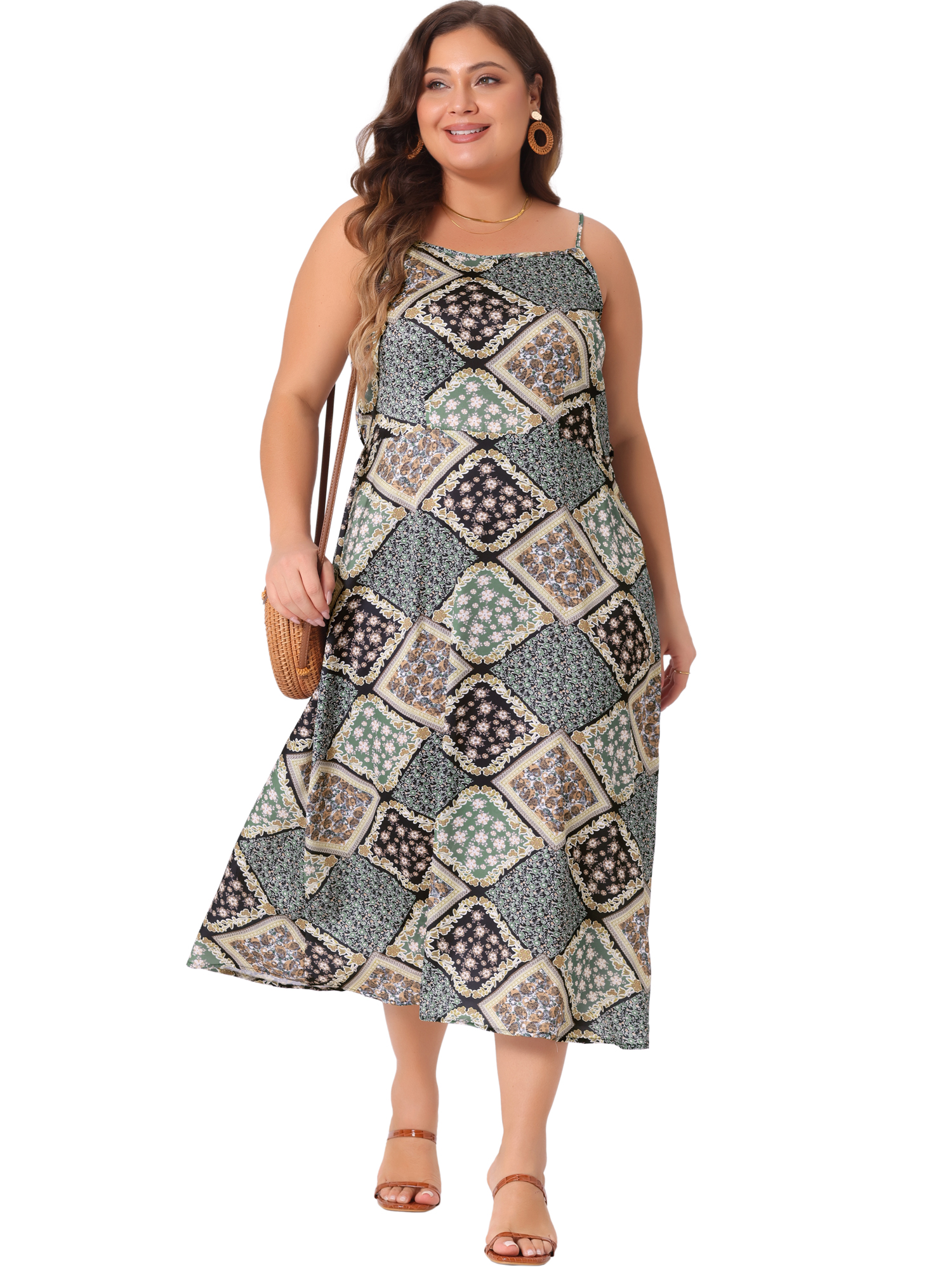 DARING DIVA Plus Size Boho Bohemian Spaghetti Strap Midi Dress 1X Green Brown