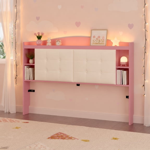 Upholstered Bookcase Headboard for Queen Size Bed Only, Wood Bed Headboard with Storage Shelves, RGB LED Lights, AC & USB Charging Station, Anti‑Tip Design for Bedroom