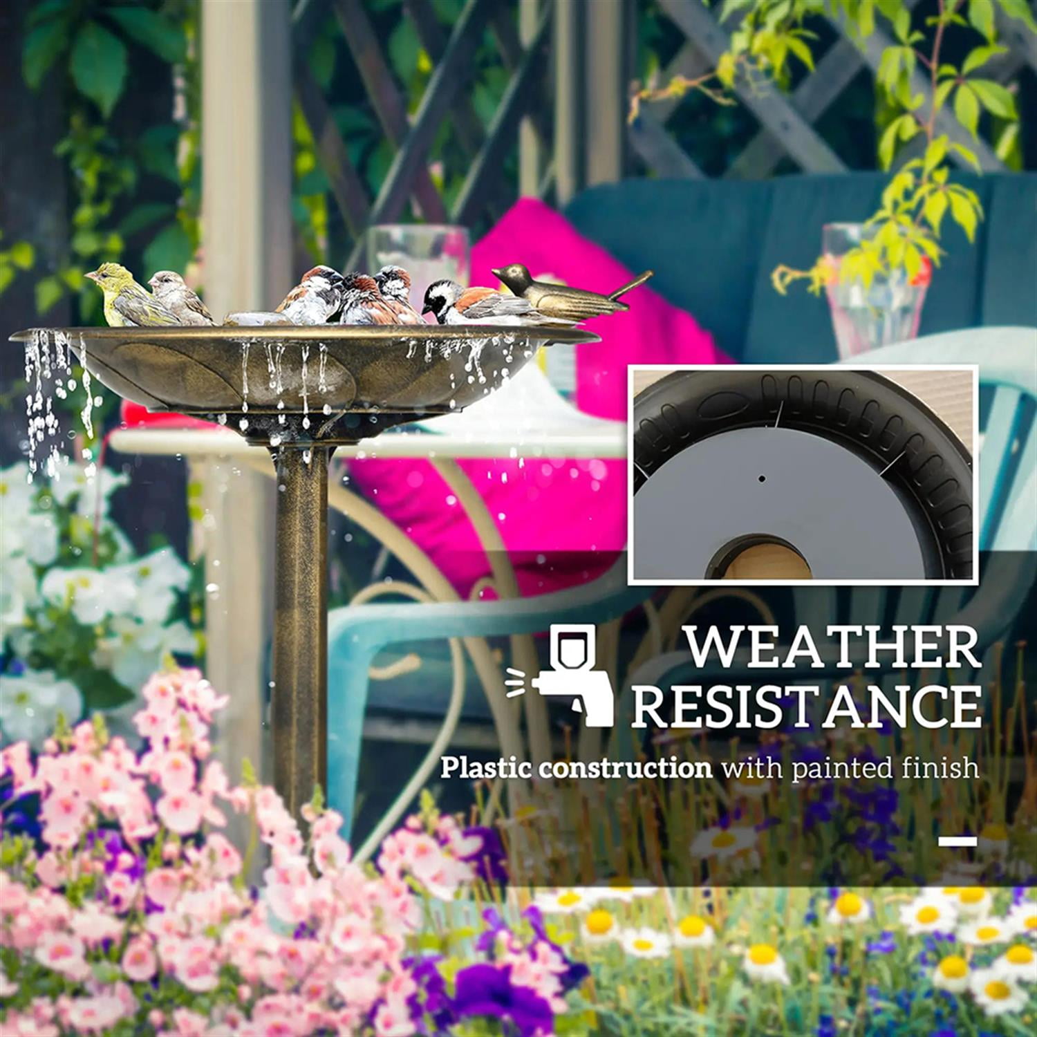 resenkos 28" Tall Outdoor Flower Birdbath with Bird Statues, Charming Garden Accent to Attract Birds, Durable Polypropylene Construction for Patio, Deck, or Yard, Brown