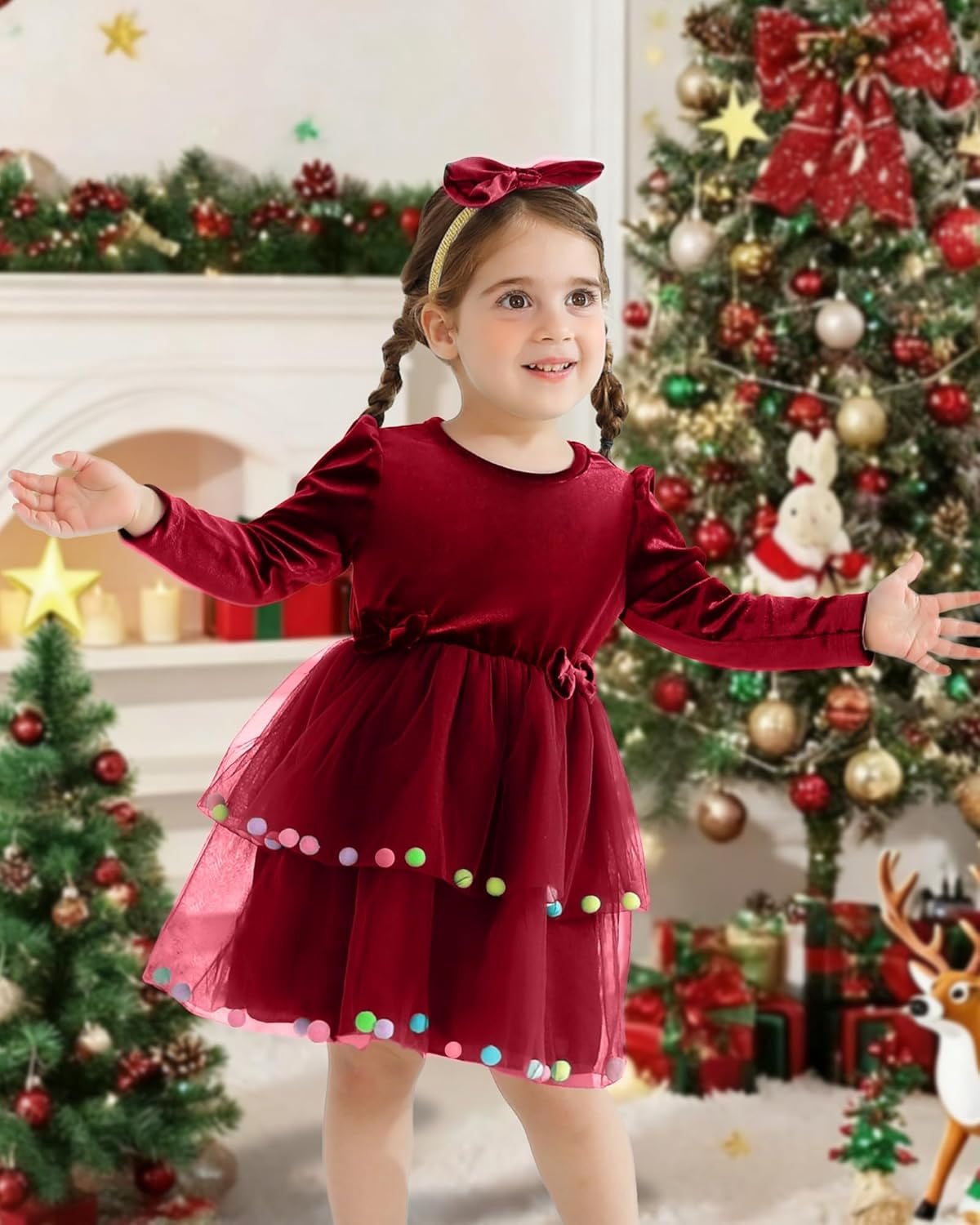 SANMIO Baby Girl Christmas Dress Infant Long Sleeve Holiday Outfit Fall Winter Tulle Velvet Dresses with Headband 3M-3T