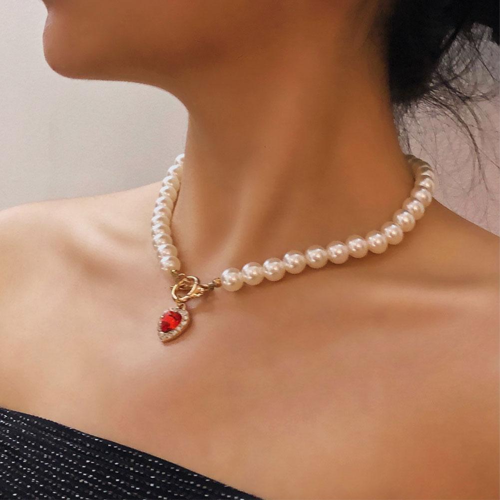 Vintage Pearl Necklace For Women Retro Red Crystal Heart Pendant Pearl Choker Necklaces Gifts Jewelry W1F0 - image 3 of 8