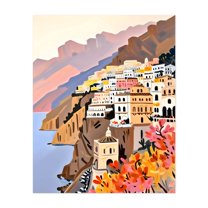 Amalfi Coast - India Illustration Architecture Coastal Scenic Travel Poster Autumn Ocean Landscape Unframed Wall Art Print 16 x 20 inches