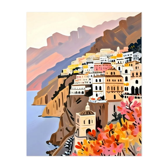 Amalfi Coast - India Illustration Architecture Coastal Scenic Travel Poster Autumn Ocean Landscape Unframed Wall Art Print 8 x 10 inches