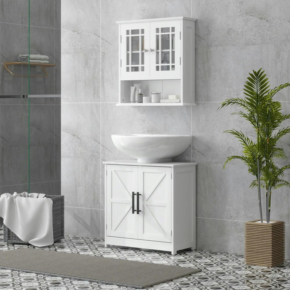 GVN Bathroom Storage Cabinet, Bathroom Floor Cabinet,Bathroom Sink Cabinet with 2 Barn Doors and Adjustable Shelf, White