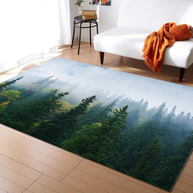 Green Pine Forest Area Carpet, Modern Abstract Landscape Decorative Rug, Indoor Carpet Soft Breathable Non-Slip Large Washable for Living Room Kids Bedroom Boy Girl, 3x4ft