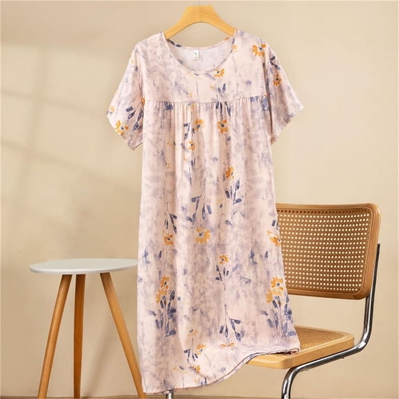 Nightdresses for Woman Fashion Printed Short Sleeve Round Neck, Summer Home Dress and Sleepwear, Knee-Length Design Black Free Size