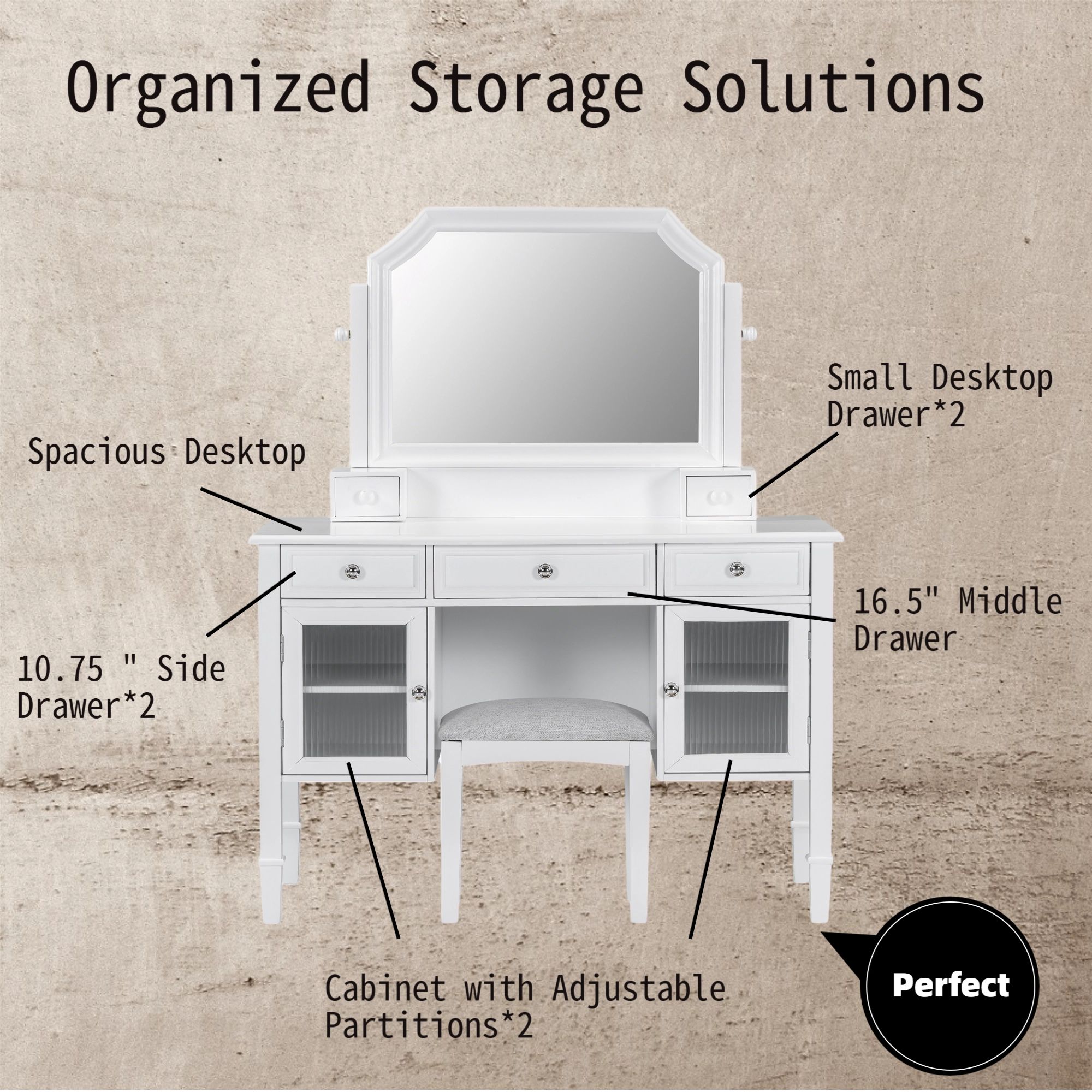 MODERNLUXE Makeup Vanity Desk with Mirror,Dressing Table Set with 5 Drawers, 2 Cabinets and Stool,Space-Saving Beauty Station for Bedroom,White