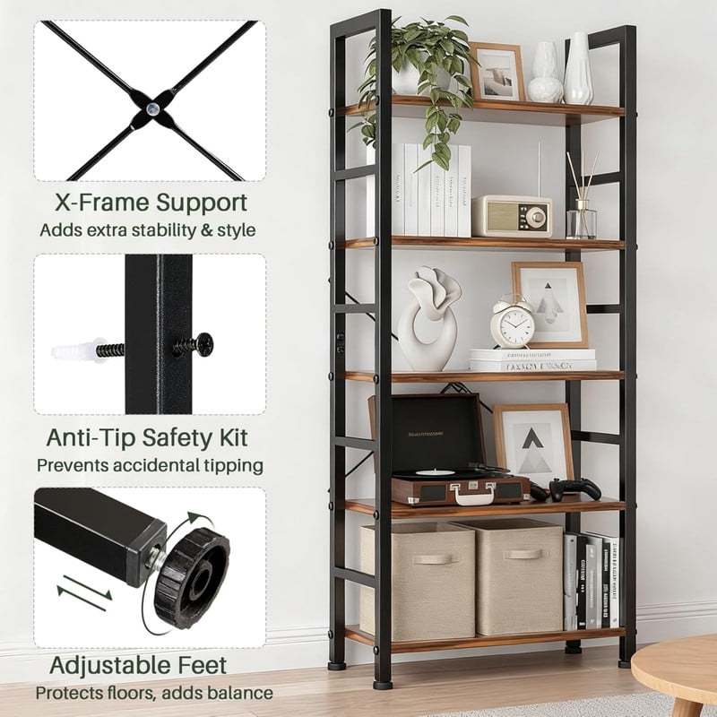 Kelno 5-Tier Bookshelf 62"x24" Industrial Storage Shelf Free Standing Bookcase Metal Frame Bookcase with Open Storage Shelves,Rustic Brown