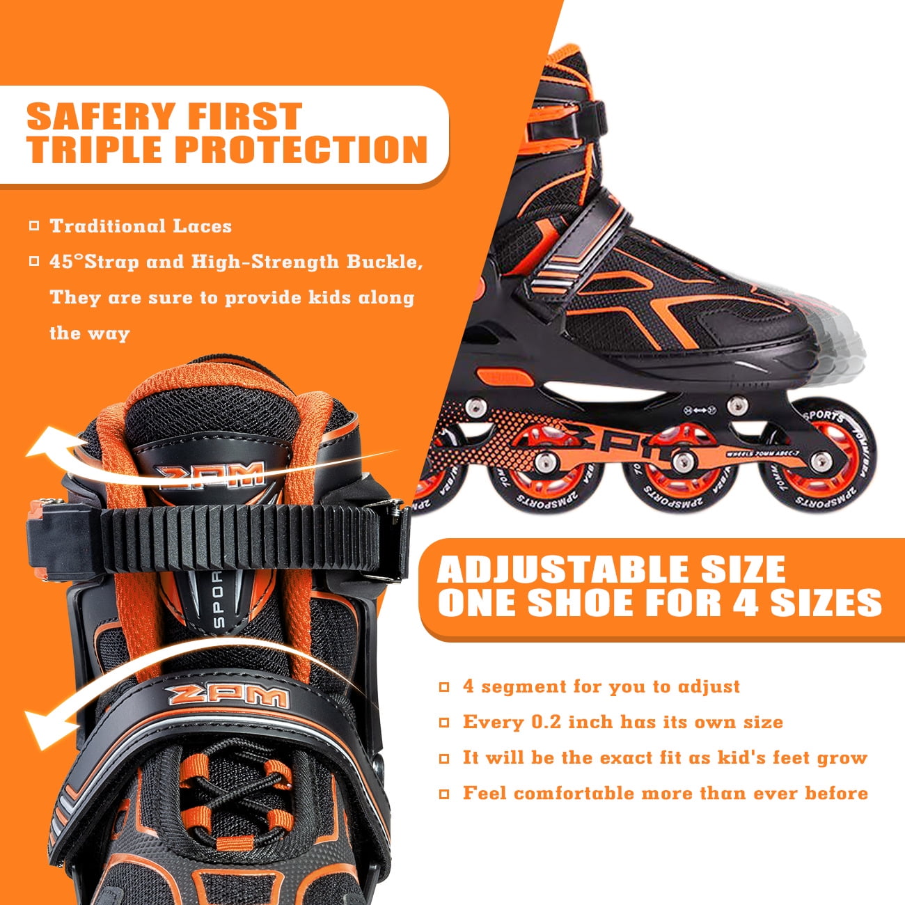 2PM SPORTS Torinx Orange Black kids Boys Beginner Adjustable Inline Skates,Fun Roller Skates for Girls,Roller Blades for Men and Ladies - Orange Small(11C-1Y US)