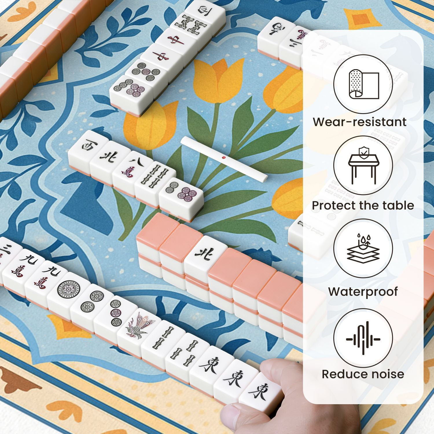 Mahjong Mat 31.5" x 31.5" Blue Yellow Floral Tile Horses Tulips Anti-Slip and Noise Reduction Symmetry Design Mahjong Tiles Table Cover for Dominoes Poker Card Board and Tile Games