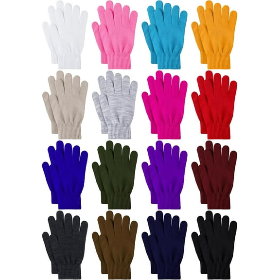 16 Pairs Winter Gloves for Men Women Knit Stretchy Warm Adult Magic Gloves Bulk Pack White, Pink, Lake Blue, Yellow, Mixed Color a Medium