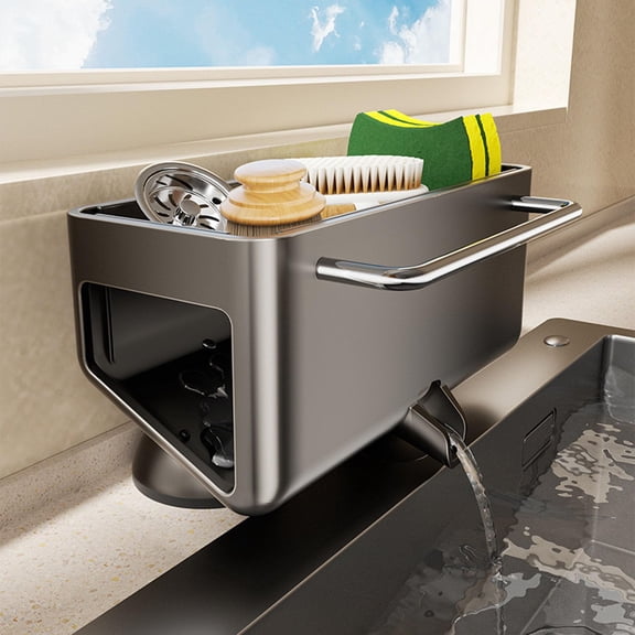 Stainless Steel Kitchen Sink Suction Cup Organizer, Drain Spout, 25° Tilted Sink Caddy, Space-Saving Kitchen Storage