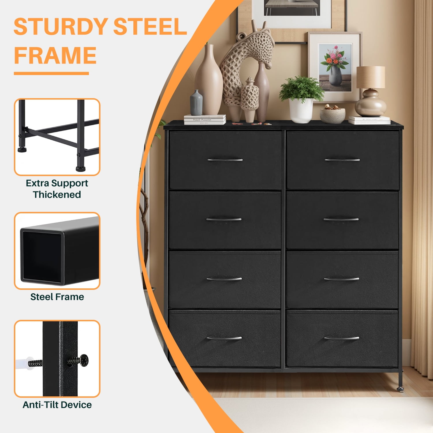 Simenmax 8 Drawer Dresser for Bedroom Fabric Dresser Chest of Closets Storage Units Organizer Tower Wooden Top Shelf for Bedroom, Hallway, Entryway, Closet,Black