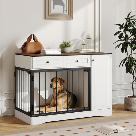 47 inch Dog Crate Furniture-Farmhouse Dog Kennel with Drawers-Heavy Duty End Table Wooden Pet Crate, Decorative Dog House Indoor, TV Stand, and Sideboard, Suitable for Small to Medium Dogs