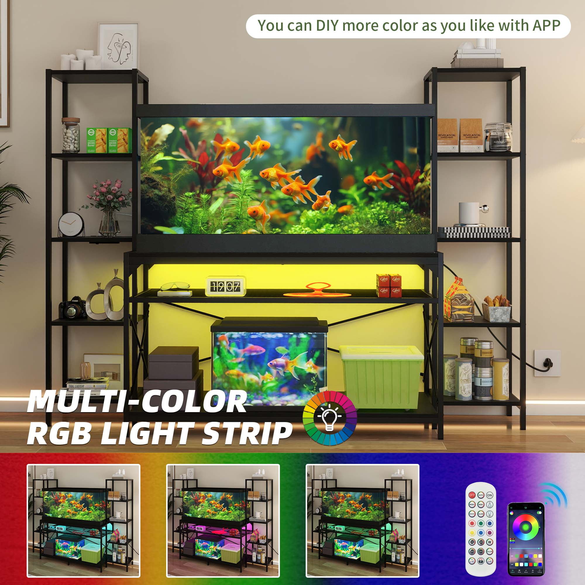 Uforic 55-75 Gallon Heavy Duty Metal Aquarium Stand with Power Outlets & LED Light, Fish Tank Stand, Turtle Tank, Reptile Terrarium with Cabinet, 880LBS Capacity-Black