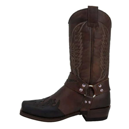 

Men s Square-toe Low-heel Stitching Square-heel Embroidered Mid-boot Boots Coffee