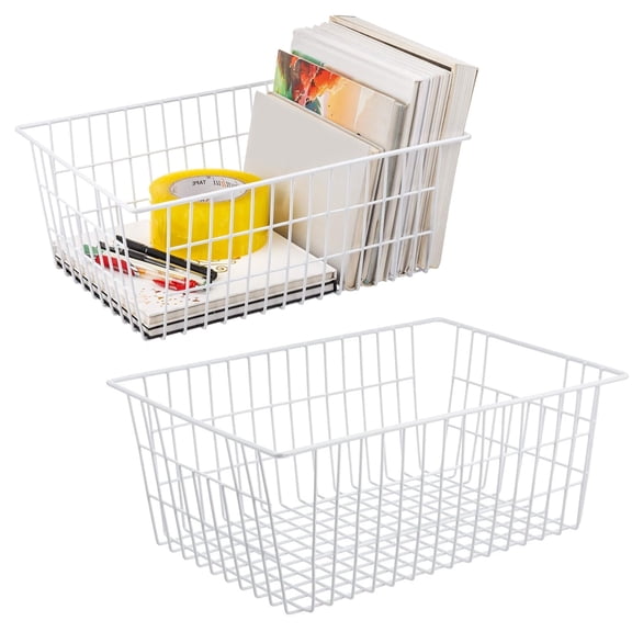 GoXteam 2Pack Small Kitchen Wire Baskets Farmhouse Decor Metal Food Storage Organizer, Household Refrigerator Bin with Built-in Handles for Cabinets, Pantry, White