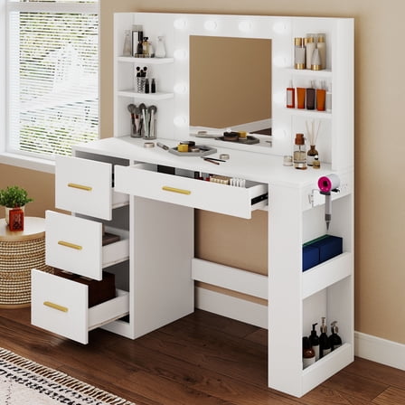 DEXTRUS 4 Drawers Vanity Table with Mirror, Power Outlet & 8 Shelves for Bedroom, White
