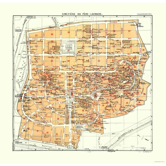 Historic Map - Paris France Pere Lachaise Cemetery - Blue Guides 1921 - 23.75 x 23 - Vintage Wall Art