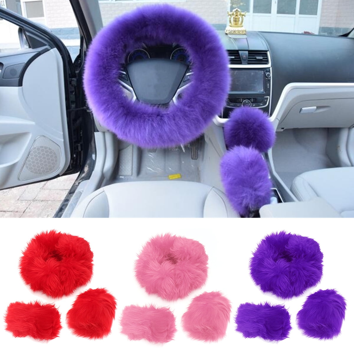 Zento Deals Non-slip Car Steering Wheel Handbrake Gear Shift Plush Cover Blue