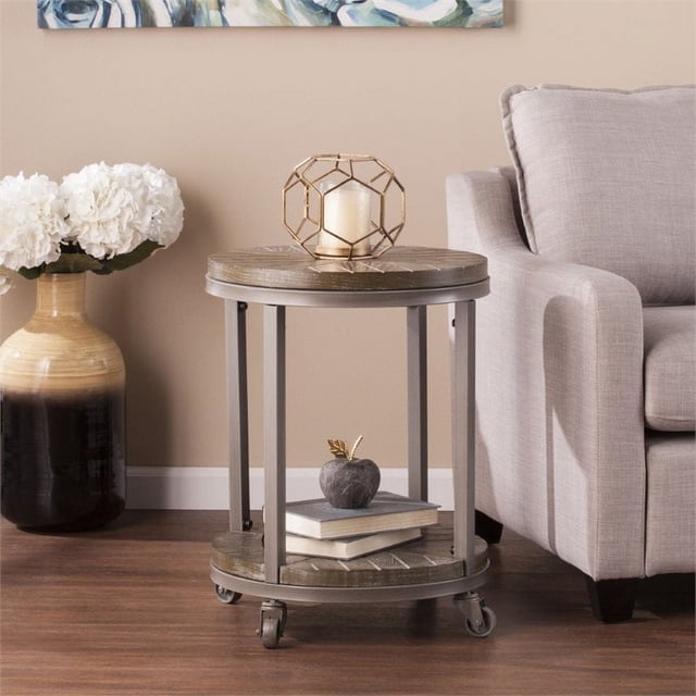 SEI Furniture Konya Table d'Appoint Rond Urbain Industriel Mobile de 18 Pouces en Chêne