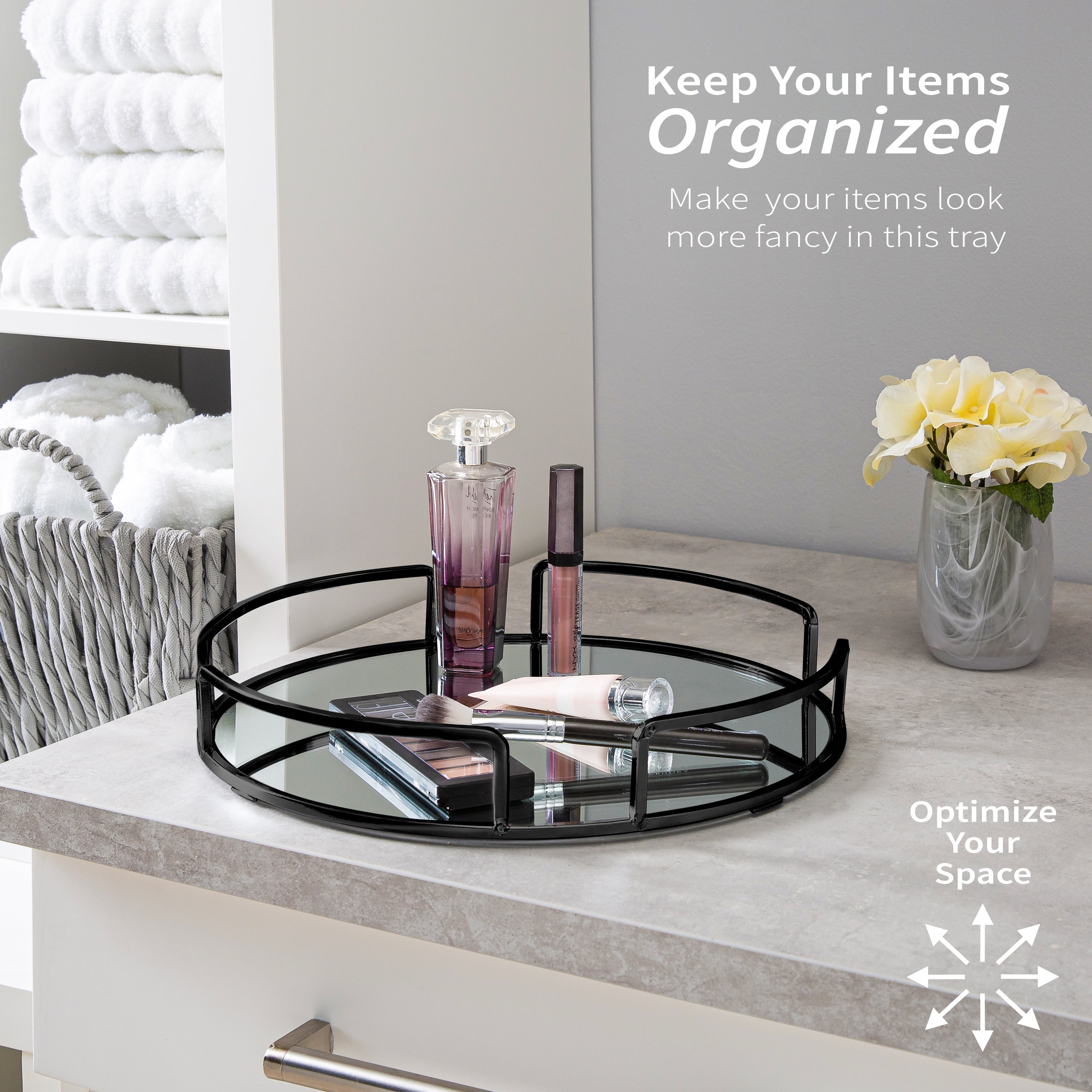 Home Details Modern Round Design Mirror Vanity Tray in Matte Black, 13" x 13" x 2.05"
