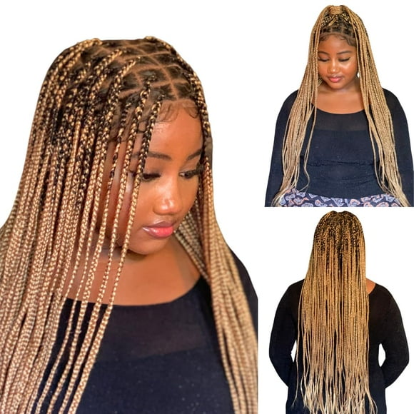 Wow Braids Title 36"" Full HD Transparent Lace Front Medium Knotless Braided Wig with Baby Hair - Synthetic hand-made box braids wig for black women