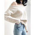 thumbnail image 3 of Suéter de lana marina para mujer, cuello descubierto, parte superior irregular, estilo holgado y holgado, 3 of 5