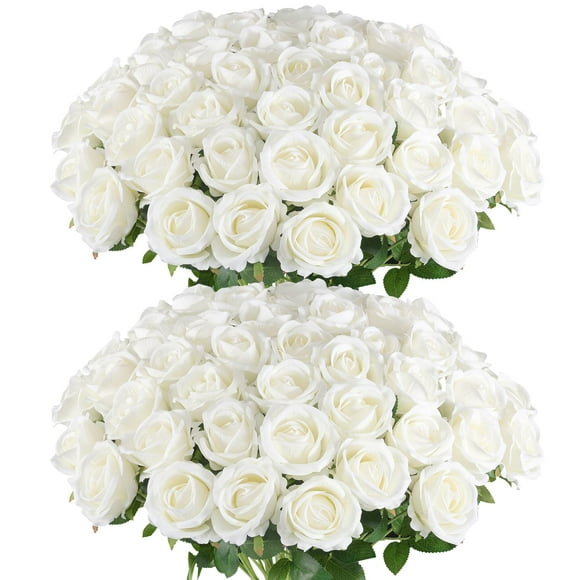 Rosas artificiales Hananona Velvet Silk, 50 unidades, color blanco