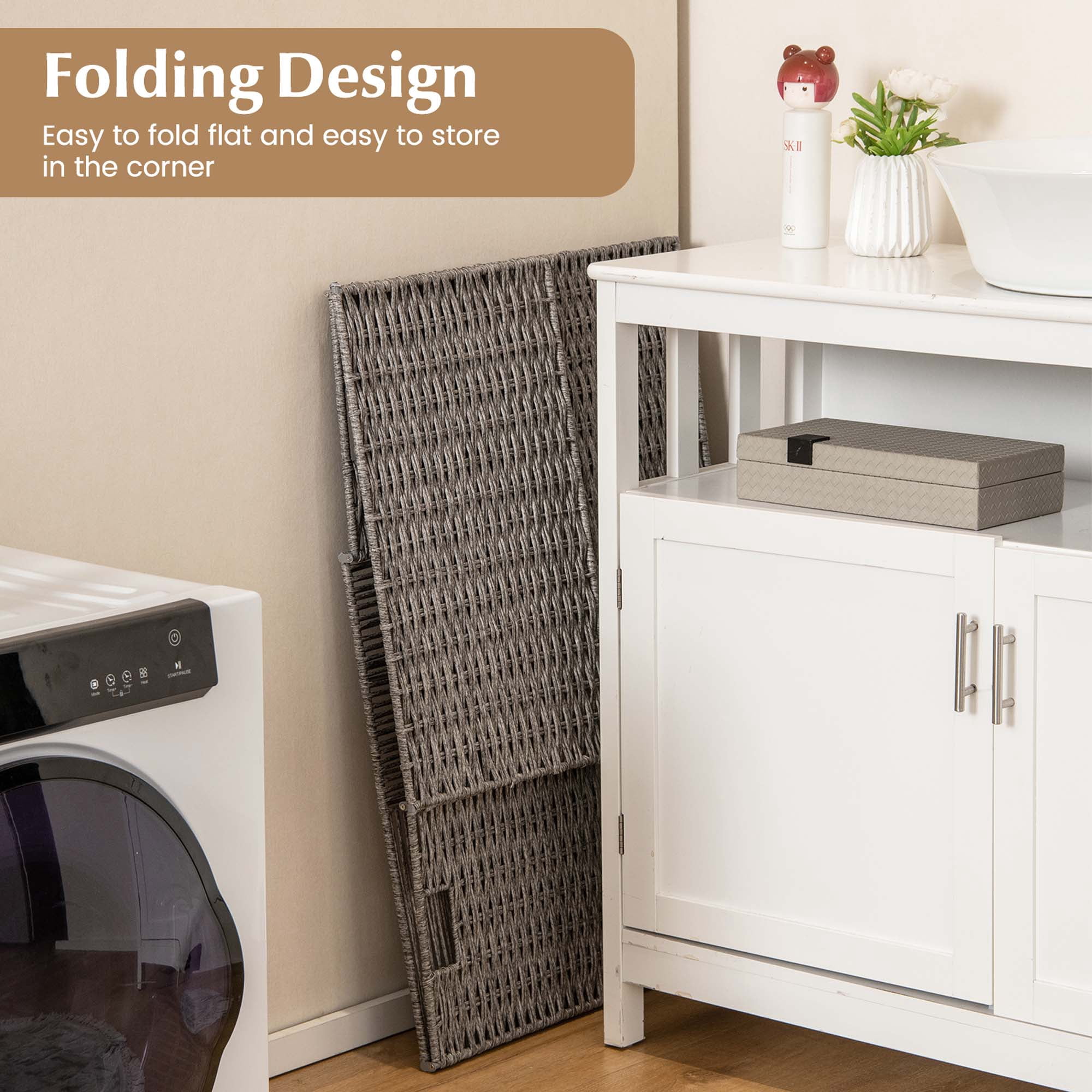 Costway Hand-woven Rattan Laundry Hamper with Lid Removable Liner Bag 29-Gallon 2-Section