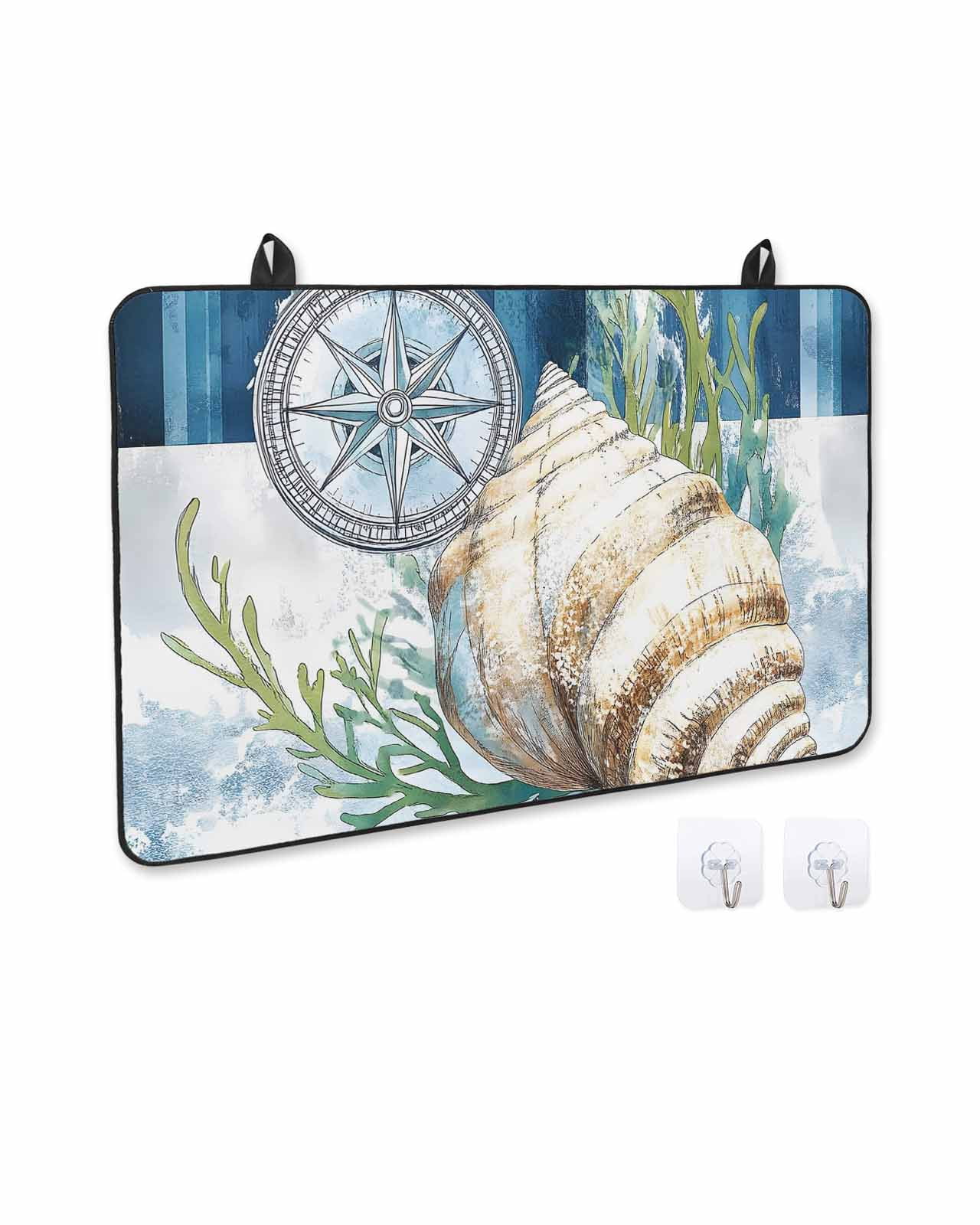 nqOlkjepod Large Induction Cooktop Protector Mat 24"x21", Nautical Compass Stove Top Covers for Electric Stove, Coastal Ocean Shell Seaweed Decorative Stove Burner Cover Mats, Glass Top Stove Cover
