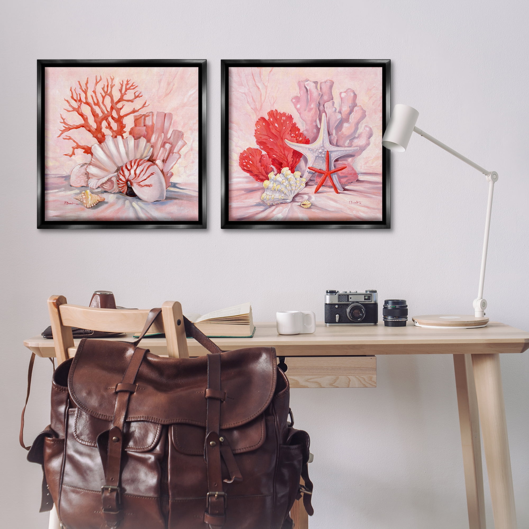 Stupell Industries Pink Coral Still Life Nautical & Beach Painting Black Floater Framed Canvas Art Print Wall Art, 25 x 25, Set of 2