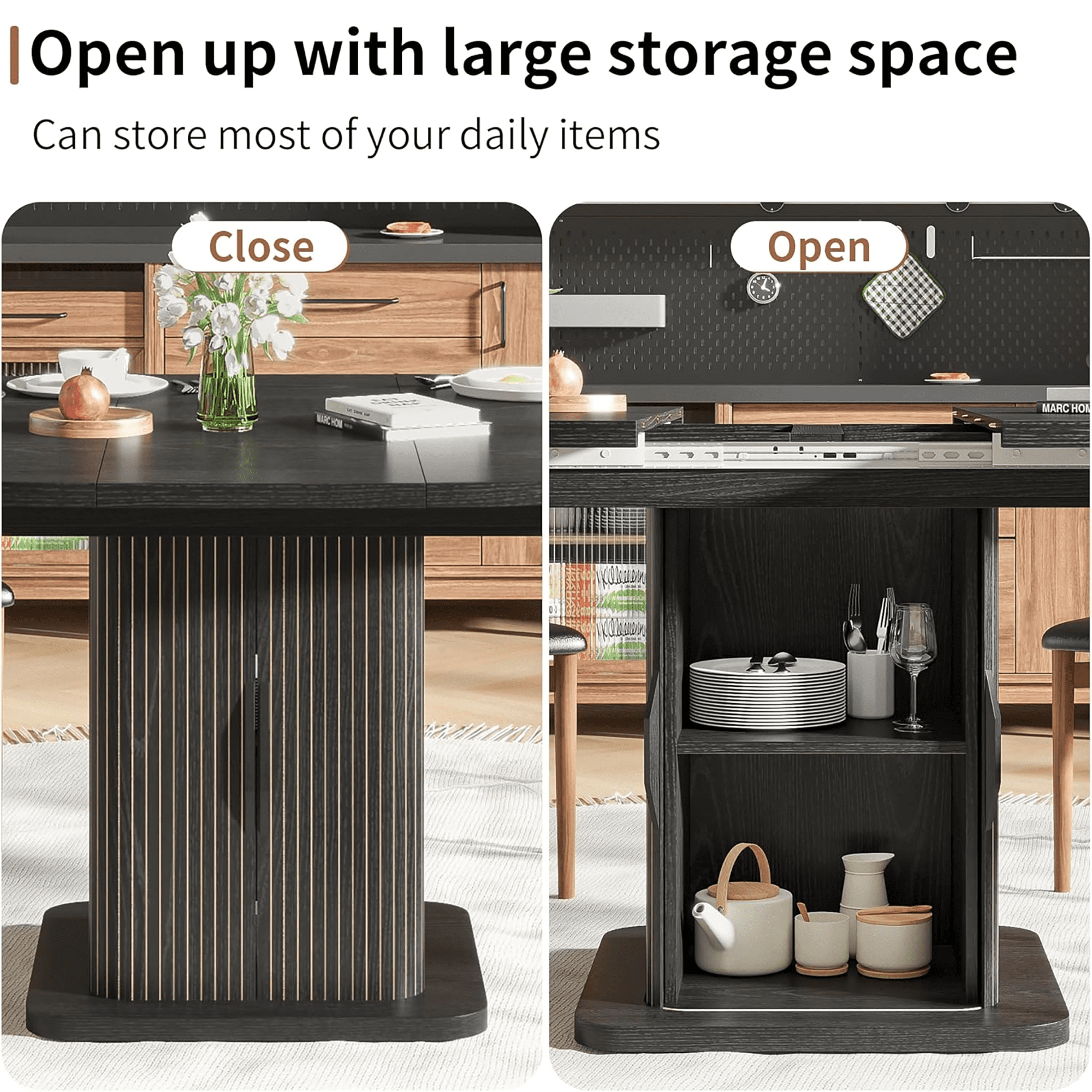 Round Dining Table for 4-8, 43.3''-59'' Extendable Kitchen Table Dinner Table with 2-Layer Storage Shelf and Wood Slide Door for Home Living Room, Black
