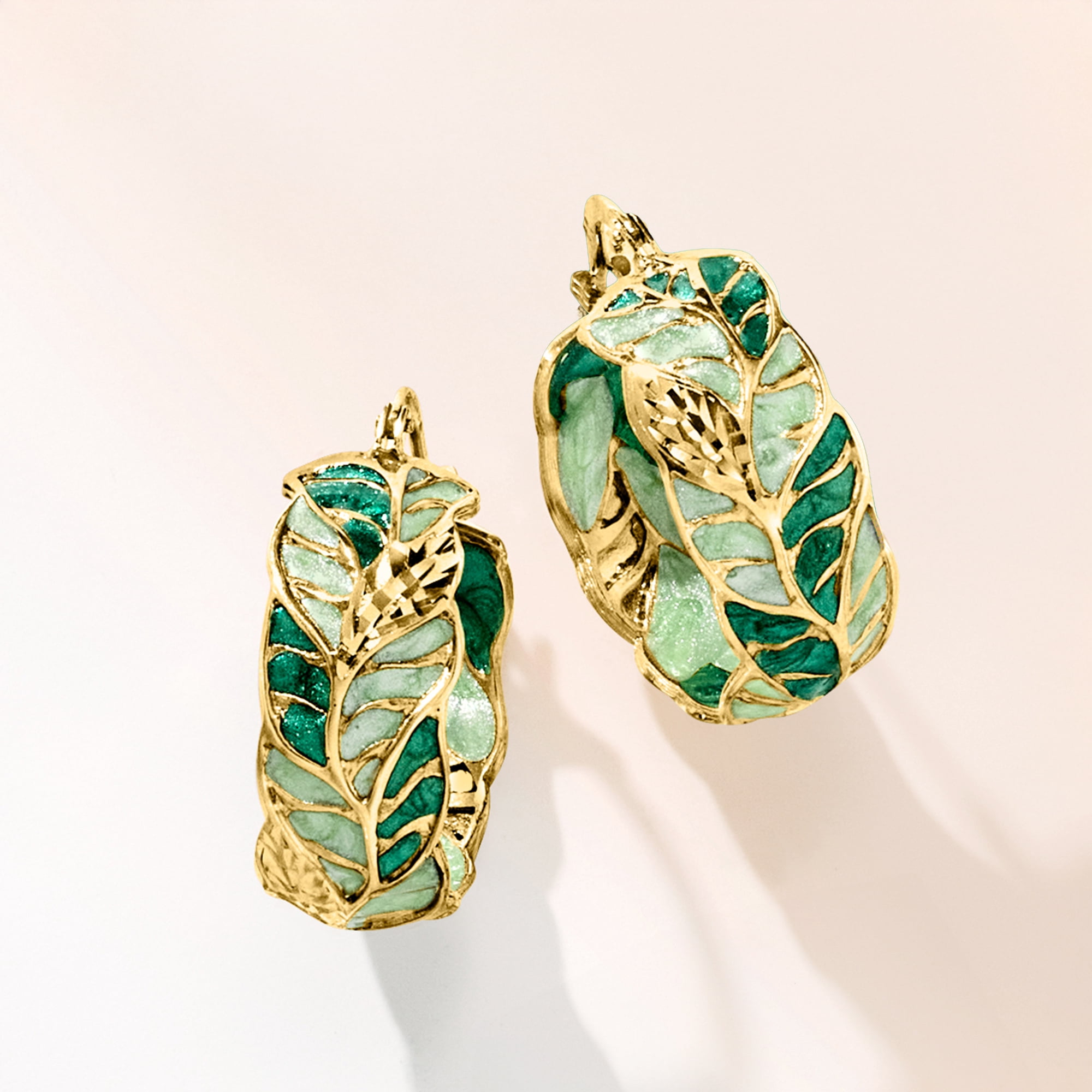 Ross-Simons Italian Green Enamel Leaf Vine Hoop Earrings in 14kt Yellow Gold, Women's, Adult