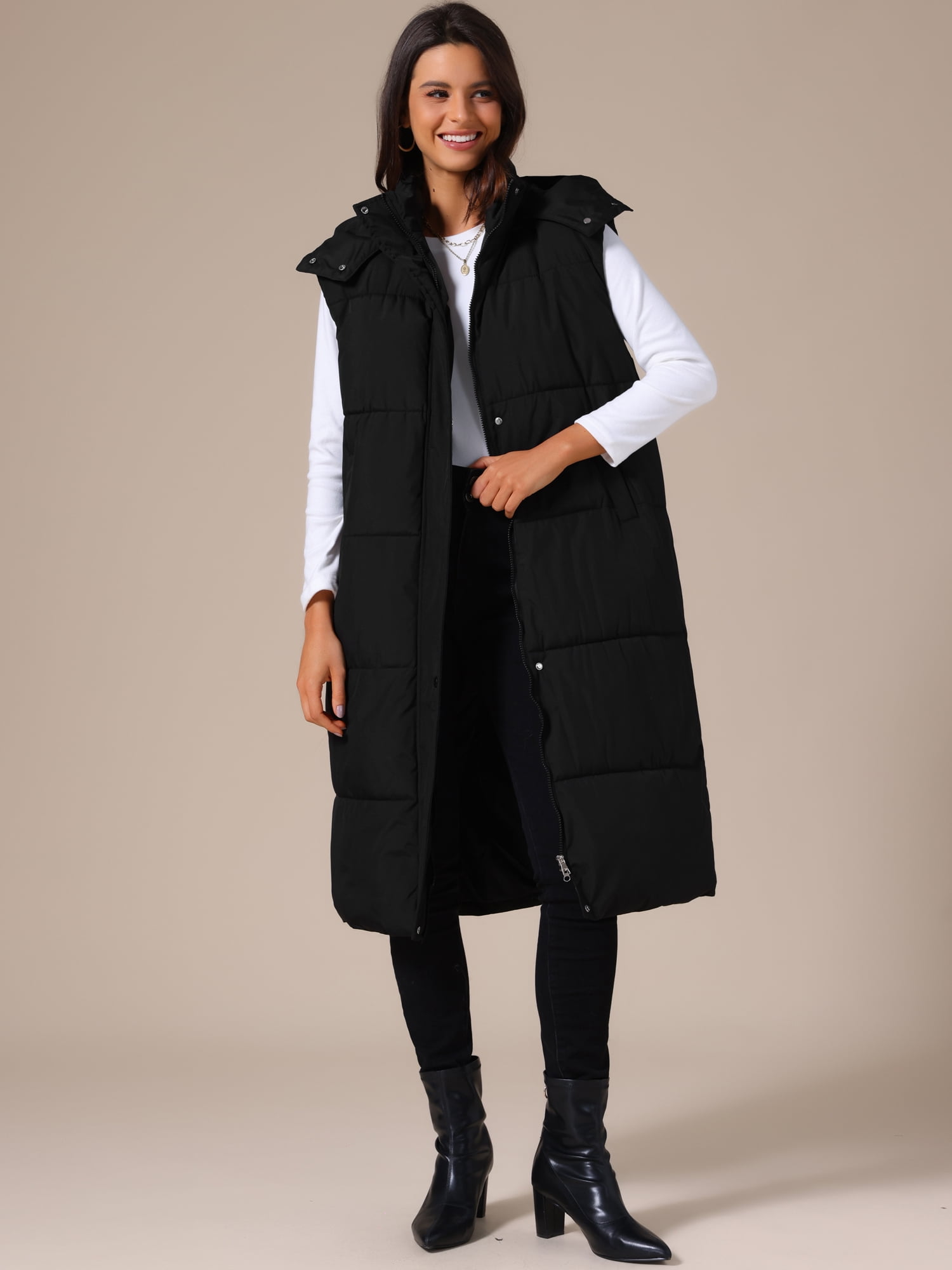 DARING DIVA Women's Sleeveless Hooded Belted Pockets Long Puffer Jacket M Black