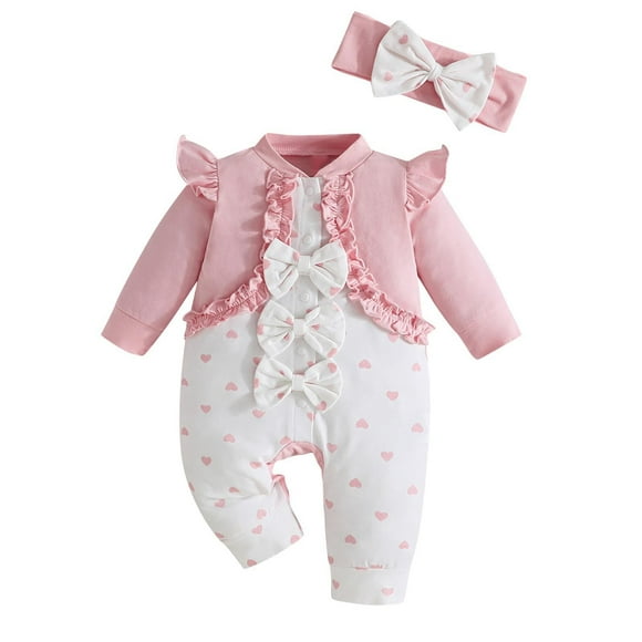 Odeerbi 1-18 Meses Niñas San Valentín Mono de Algodón Con Lazo Y Cinta Para La Cabeza Conjunto Onesie de Manga Larga