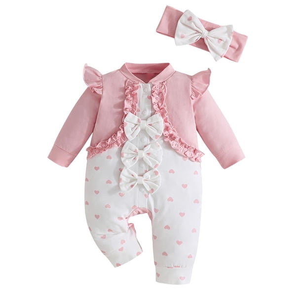 Odeerbi 1-18 Meses Niñas San Valentín Mono de Algodón Con Lazo Y Cinta Para La Cabeza Conjunto Onesie de Manga Larga